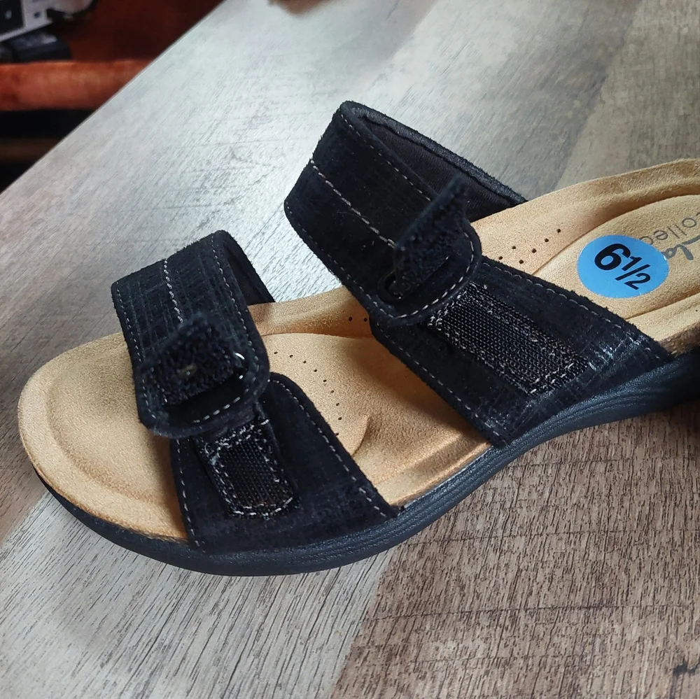 Clarks Collection Shoes Women Black Adjustable Slide Sandals April Dusk Size 6.5